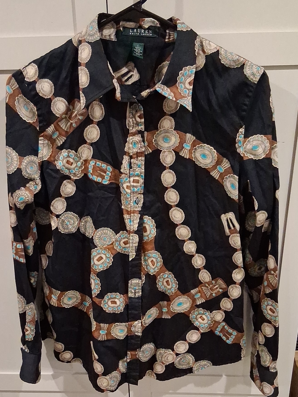 Lauren Ralph Lauren Black Medallion & Turquoise Chain Print Shirt